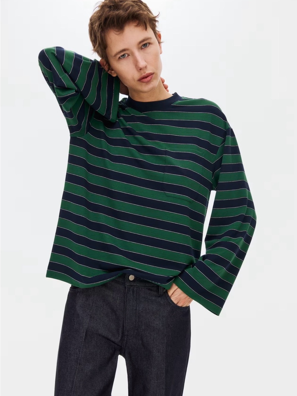 NWT H&M Edition Navy Blue/Striped Pocket Detail Long Sleeve Top. Large.
